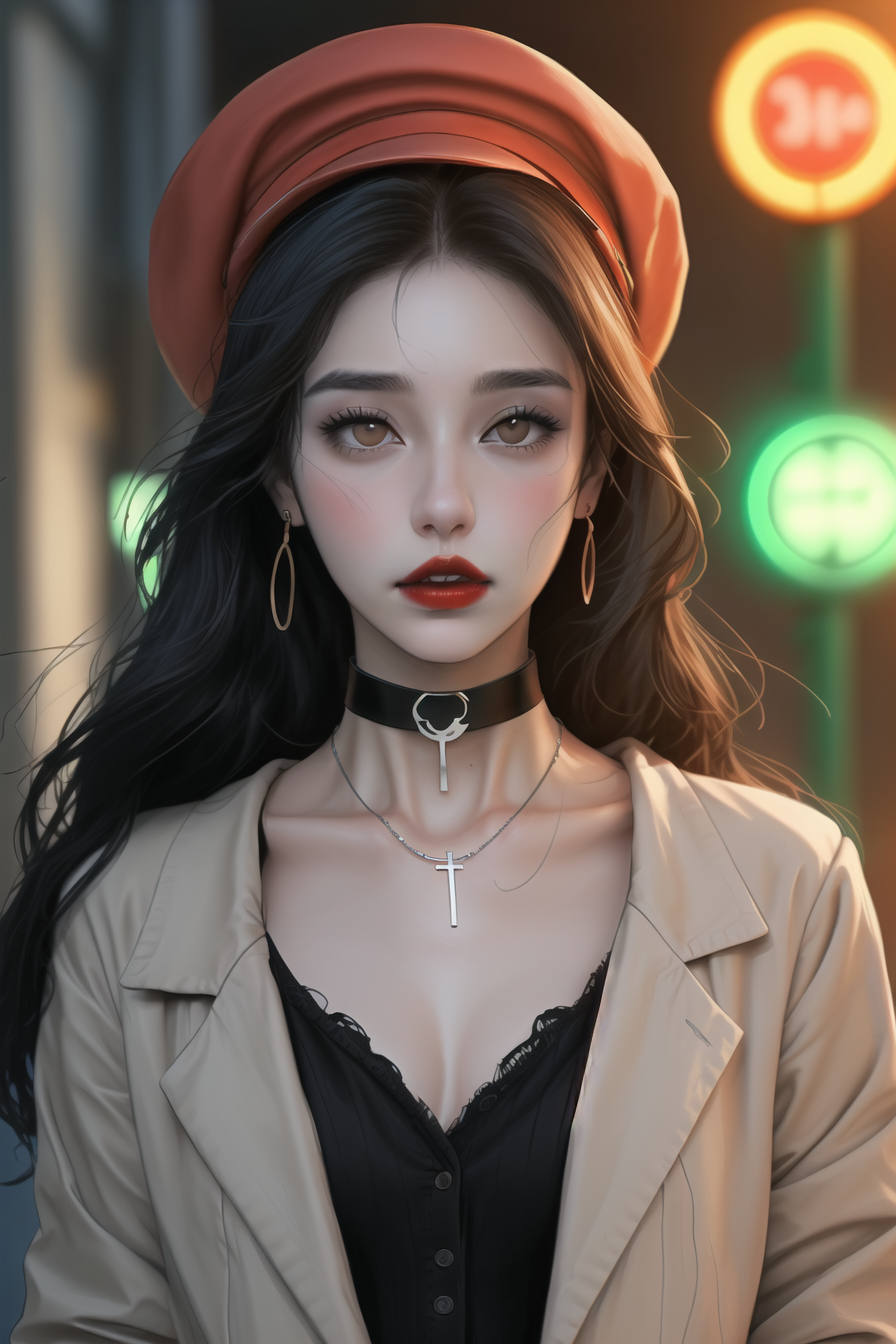 01293-3117219240-1girl,solo,long hair,hat,black hair,jewelry,choker,necklace,jacket,road sign,brown eyes,sign,blurry,outdoors,upper body,black ch.png